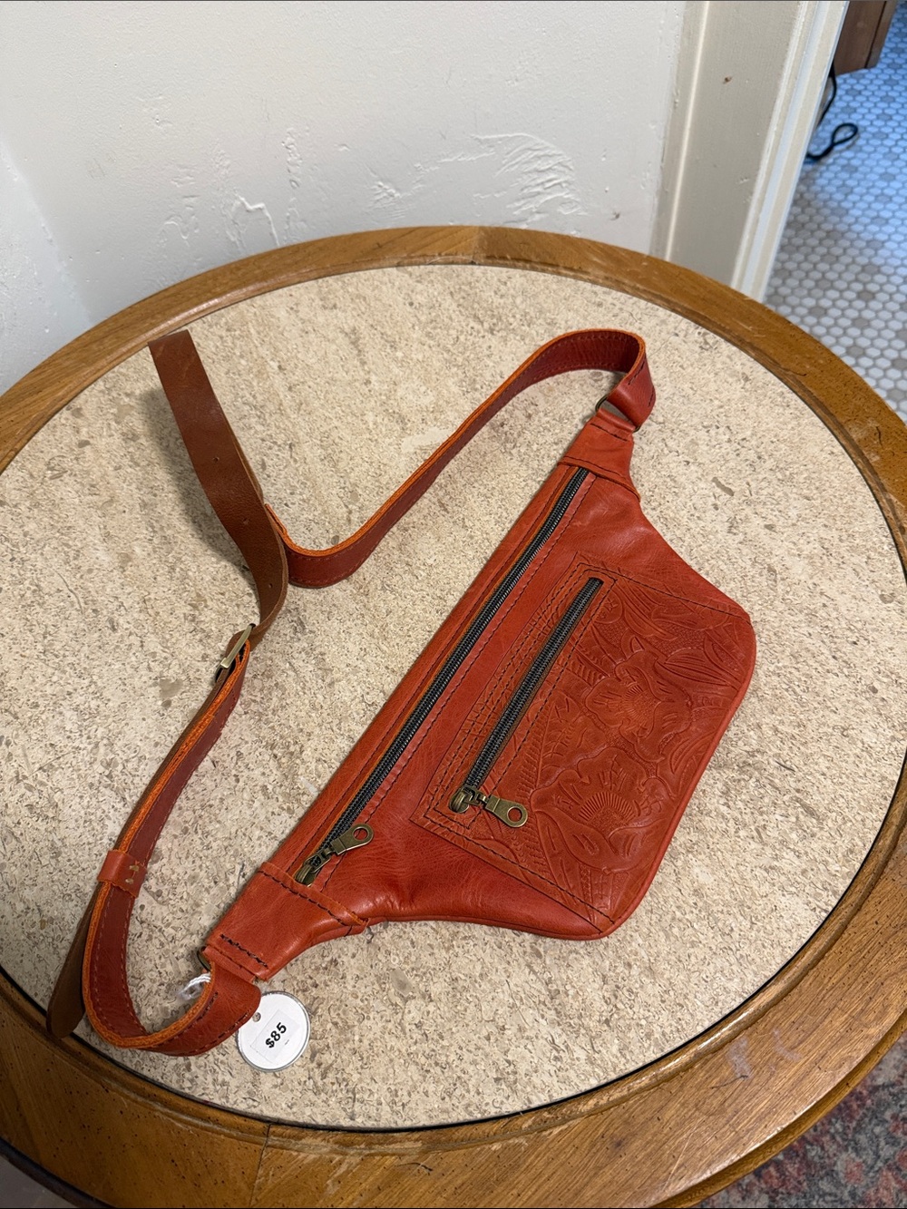 HANDMADE NWT: Embossed Rust Leather Crossbody Waist Bag
